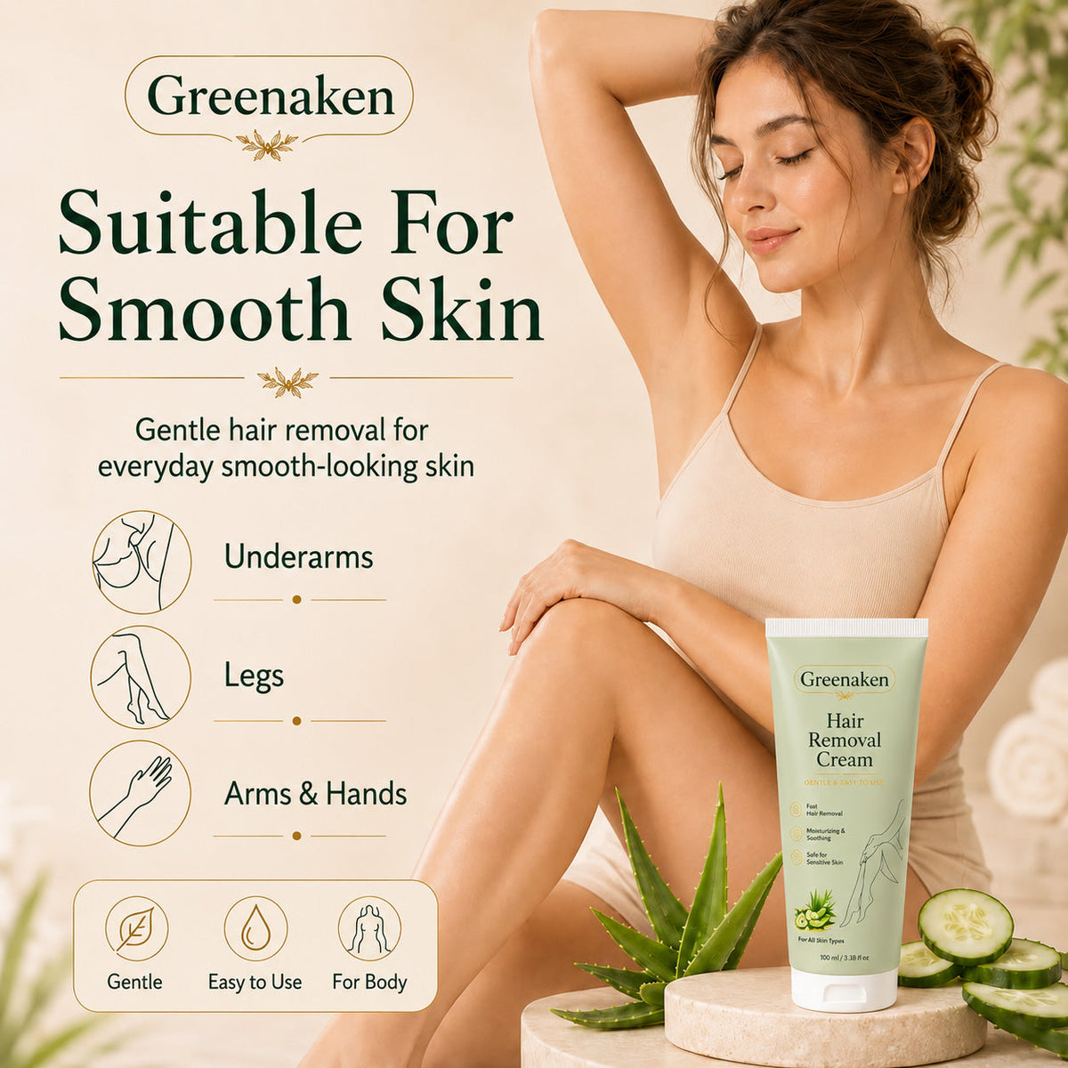 Greenaken™ Natural Gentle Hair Removal Cream | For Women & Men, Sensitive Skin