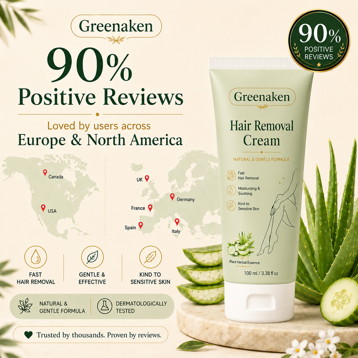 Greenaken™ Natural Gentle Hair Removal Cream | For Women & Men, Sensitive Skin