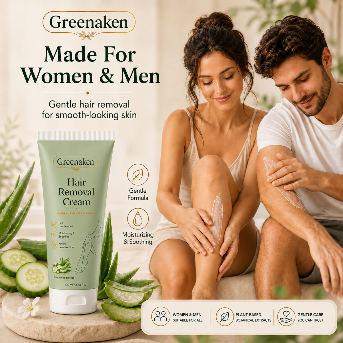 Greenaken™ Natural Gentle Hair Removal Cream | For Women & Men, Sensitive Skin