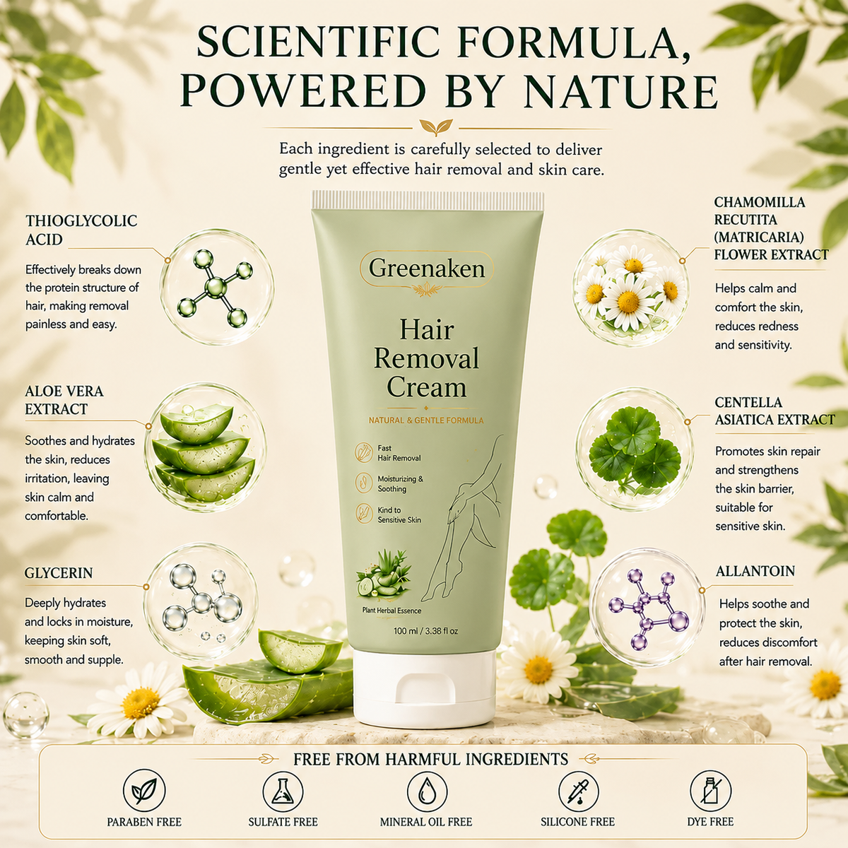 Greenaken™ Natural Gentle Hair Removal Cream | For Women & Men, Sensitive Skin